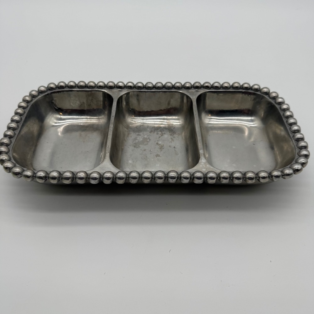 Mariposa Beaded Edge Metal‎ Platter Appetizer Dish Serving Tray 3 Section Silver